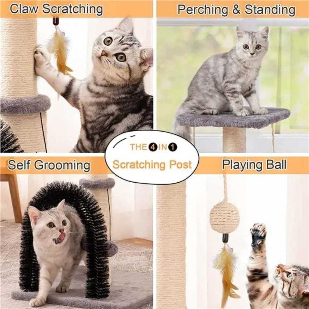 Cat Scratching Post with Self Groomer and Dangling Balls, Grey